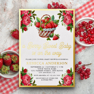 Invitación Con Relieve Metalizado Cesta de Fresas Dulce Bebé Cumpleaños Dorado