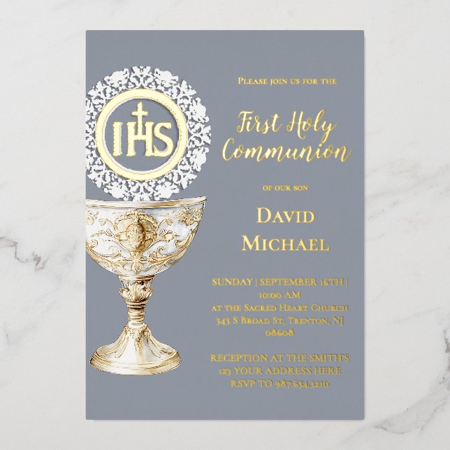 Invitación Con Relieve Metalizado Chalice Host First Communion (Anverso)