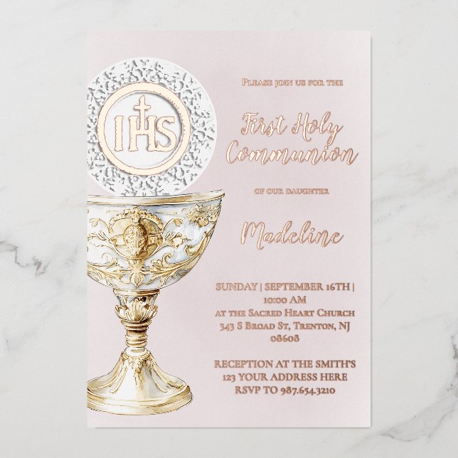 Invitación Con Relieve Metalizado Chalice Host First Communion girl (Anverso)