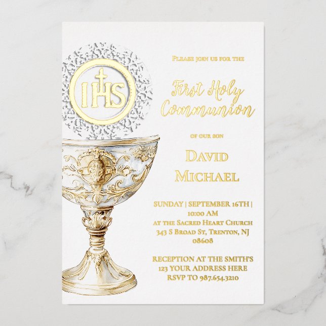 Invitación Con Relieve Metalizado Chalice Host First Holy Communion (Anverso)
