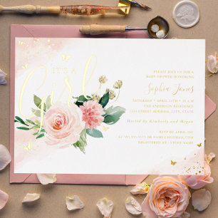 Invitación Con Relieve Metalizado Champagne Baby Shower Es Una Niña