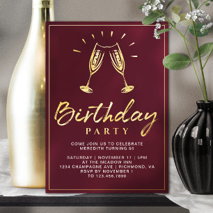 Invitación Con Relieve Metalizado Champagne Divertido Burgundy Rojo y Cumpleaños D