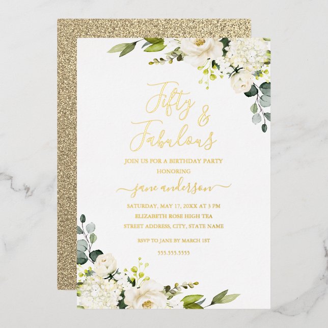 Invitación Con Relieve Metalizado Champagne Floral 50 y fabuloso cumpleaños (Anverso/Reverso)