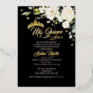 Invitación Con Relieve Metalizado Champagne Floral Negro Oro Mis Quince Quinceañera