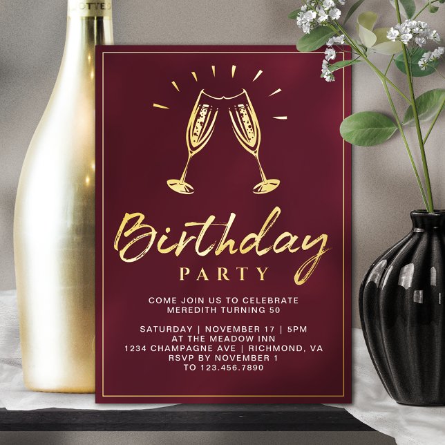 Invitación Con Relieve Metalizado Champagne | Fun Burgundy Red and Gold Birday (Subido por el creador)
