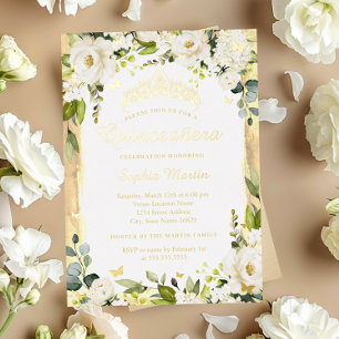 Invitación Con Relieve Metalizado Champagne Mariposa Dorada Quinceañera Floral