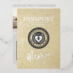Invitación Con Relieve Metalizado Champagne México Pasaporte Boda