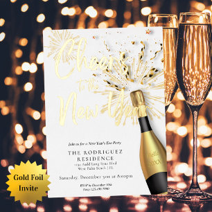 Invitación Con Relieve Metalizado Champagne Moderno Brindis de Año Nuevo Fiesta Dora
