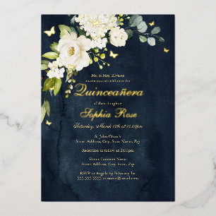 Invitación Con Relieve Metalizado Champagne Navy Floral Golden Butterfly Quinceañera