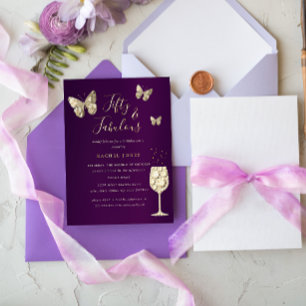 Invitación Con Relieve Metalizado Champagne Oro Púrpura 50 y Cumpleaños Fabuoso