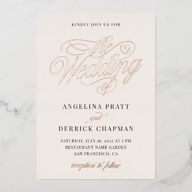 Invitación Con Relieve Metalizado Champagne todo en un sencillo oro Boda de marfil (Anverso)