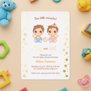 Invitación Con Relieve Metalizado Champán de gemelos niño y niña
