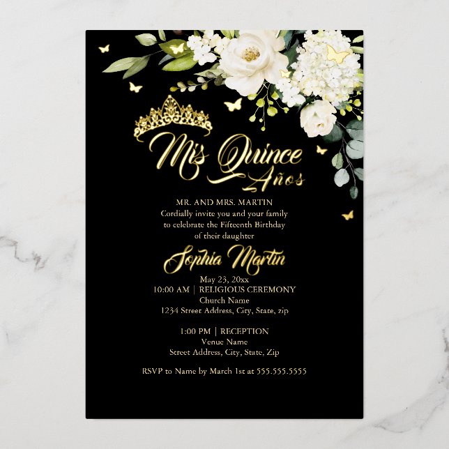 Invitación Con Relieve Metalizado Champán Floral Oro Negro Mis Quince Quinceanera (Anverso)