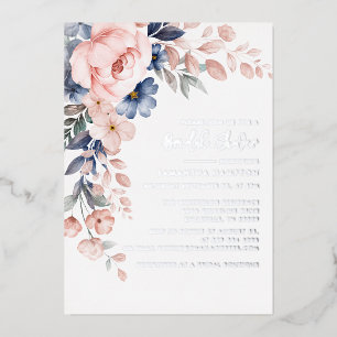 Invitación Con Relieve Metalizado Champán Floral Rosa Botánico Bridal Silver
