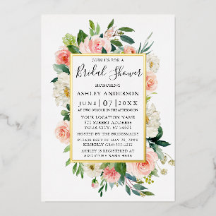 Invitación Con Relieve Metalizado Champán Nupcial Floral Rosa Blanco Acuarela Dorado