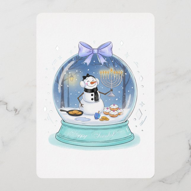 Invitación Con Relieve Metalizado Chanukah Snow Globe (Anverso)