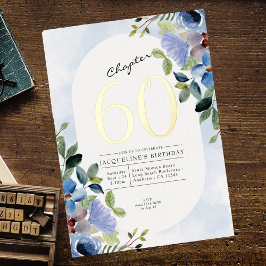 Invitación Con Relieve Metalizado Chapter 60 Blue Floral 60th Birthday Gold