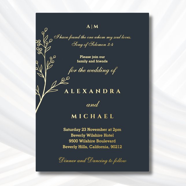 Invitación Con Relieve Metalizado Charcoal Botanical Bible Verse Christian Wedding  (Subido por el creador)
