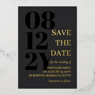 Invitación Con Relieve Metalizado Charcoal & Gold Tipografía Boda Save the Date