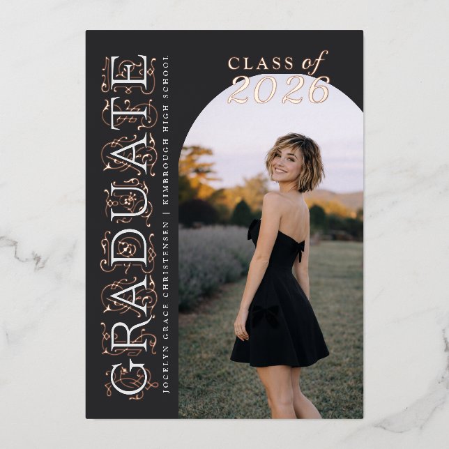Invitación Con Relieve Metalizado Charcoal Gray Photo Graduation Rose Gold (Anverso)