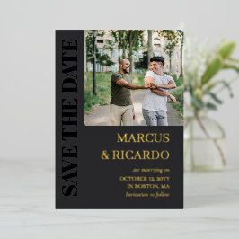 Invitación Con Relieve Metalizado Charcoal & Tipografía Dorada Foto Save the Date