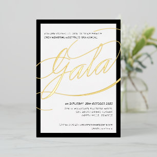 Invitación Con Relieve Metalizado CHARITY GALA elegante caligrafía formal oro negro