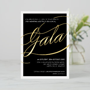 Invitación Con Relieve Metalizado CHARITY GALA elegante caligrafía formal oro negro