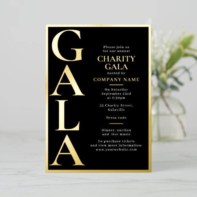 Invitación Con Relieve Metalizado Charity Gala Template Fundraising Event Black Gold (Anverso de pie)