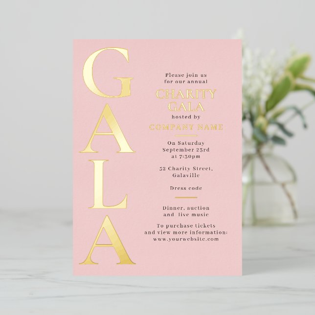 Invitación Con Relieve Metalizado Charity Gala Template Fundraising Event Pink Gold (Anverso de pie)