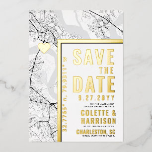 Invitación Con Relieve Metalizado Charleston Love Locator   Boda Guardar la Fecha