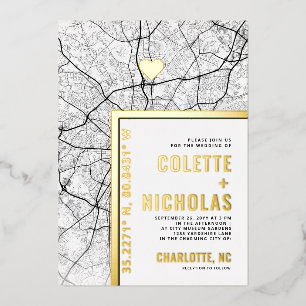 Invitación Con Relieve Metalizado Charlotte Love Locator Boda con tema de ciudad