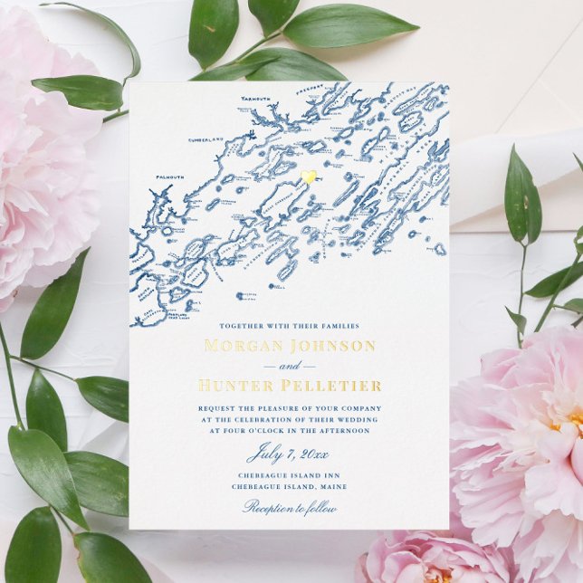 Invitación Con Relieve Metalizado Chebeague Island Maine Boda Elegant Gold (These Chebeague Island wedding invitations are perfect for your navy and gold destination wedding)