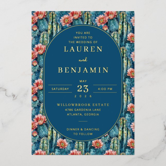 Invitación Con Relieve Metalizado Cheerful Navy Botanical Cactus and Flowers (Anverso)