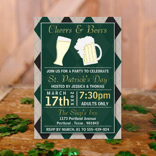 Invitación Con Relieve Metalizado Cheers & Beers Trendy St. Patrick's Day Fiesta Rea