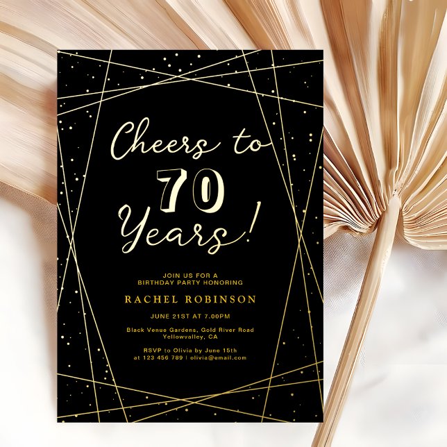 Invitación Con Relieve Metalizado Cheers to 70 Years Birthday Party Black & Gold (Subido por el creador)
