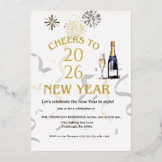 Invitación Con Relieve Metalizado Cheers to New Year Party Gold