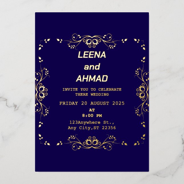 Invitación Con Relieve Metalizado chic azul rosa oro  (Anverso)