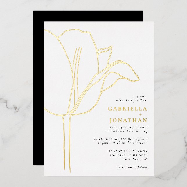 Invitación Con Relieve Metalizado Chic Black White Gold Tulip Wedding (Anverso/Reverso)