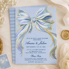 Invitación Con Relieve Metalizado Chic Blue Couture Aquarela Lazo Niño Baby Shower 