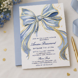 Invitación Con Relieve Metalizado Chic Blue Couture Aquarela Lazo Niño Baby Shower 