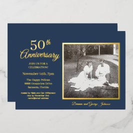 Invitación Con Relieve Metalizado Chic Blue Photo 50 Aniversario de Oro