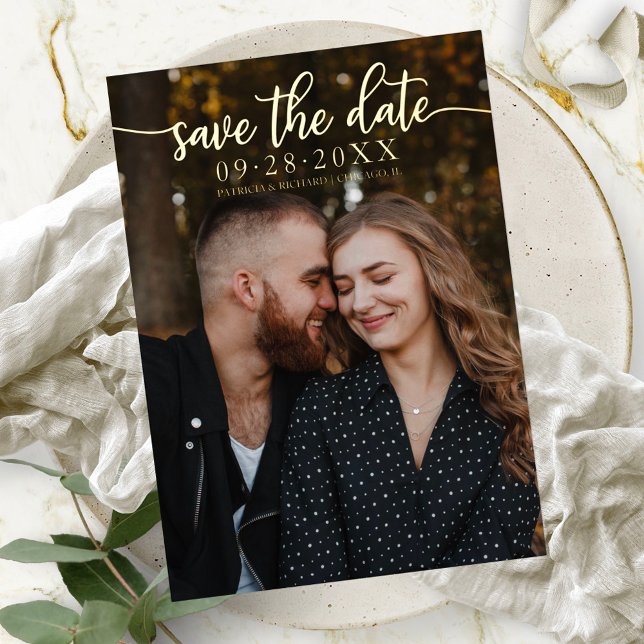 Invitación Con Relieve Metalizado Chic Caligrafía Boda Guardar la Fecha (Subido por el creador)