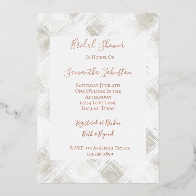 Invitación Con Relieve Metalizado Chic Cream White Stripes Bridal Shower (Anverso)