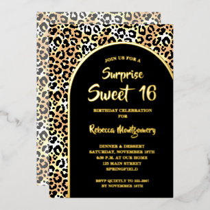 Invitación Con Relieve Metalizado Chic Dulces 16 Cumpleaños Impresión Leopardo Cumpl