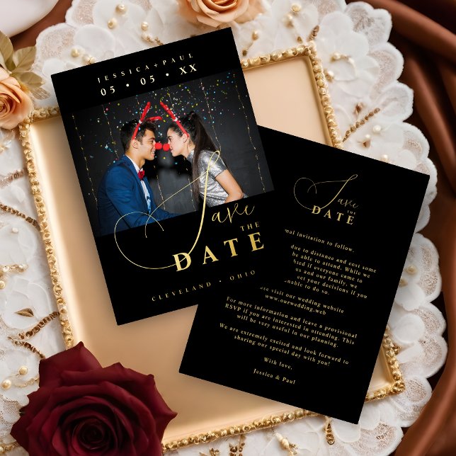 Invitación Con Relieve Metalizado Chic Exquisite Script Photo Christmas Golden (Cherish Exquisite Script Photo Christmas Couple Real Gold Metallic Foil Wedding Black Save the Date )