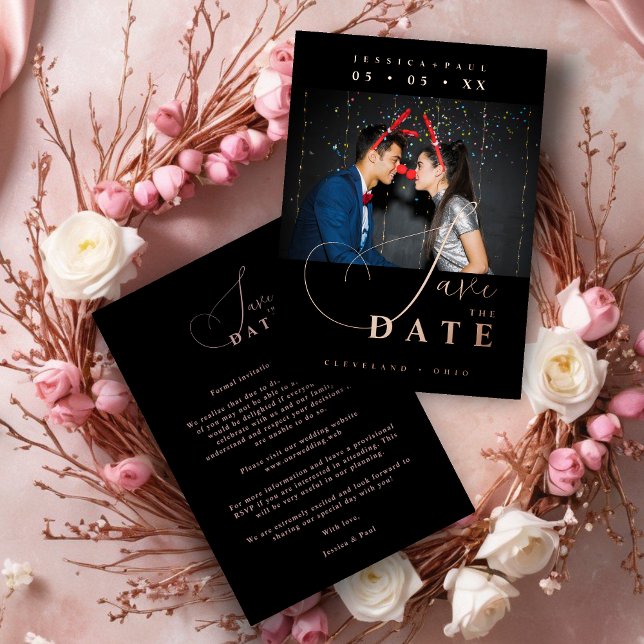 Invitación Con Relieve Metalizado Chic Exquisite Script Photo Christmas Rose Gold  (Cherish Exquisite Script Photo Christmas Couple Real Rose Gold Metallic Foil Wedding Black Save Date)