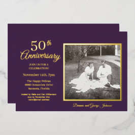Invitación Con Relieve Metalizado Chic Foto Purpura 50 Aniversario Dorado