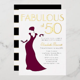 Invitación Con Relieve Metalizado Chic Glam Fabuloso a los Cincuenta Cumpleaños Raya
