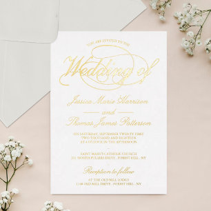 Invitación Con Relieve Metalizado Chic Gold Script Boda Real