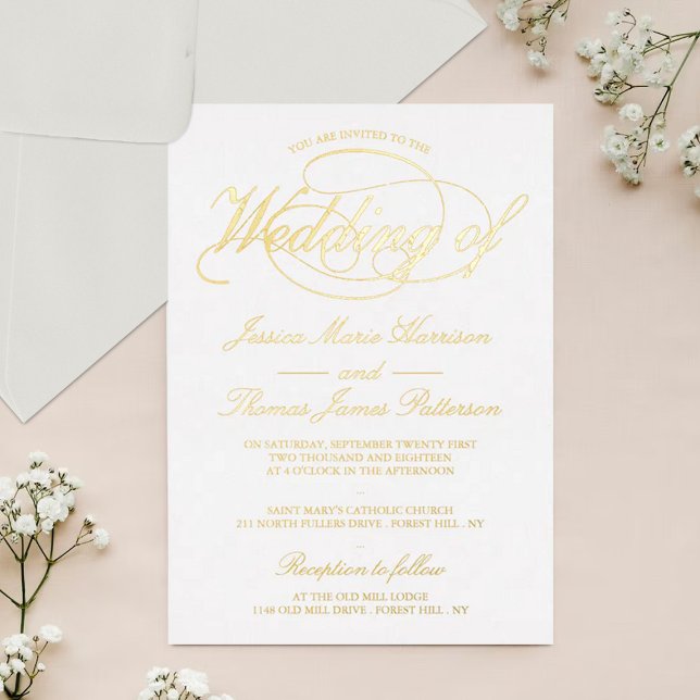 Invitación Con Relieve Metalizado Chic Gold Script Boda Real (Subido por el creador)